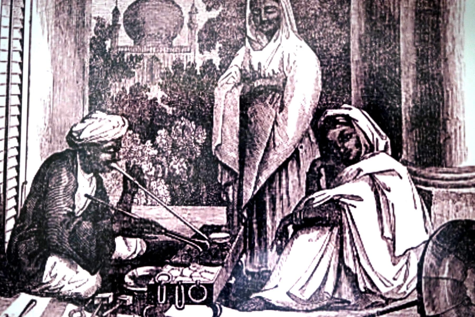 Engraving of a goldsmith working before patrons in a courtyard
