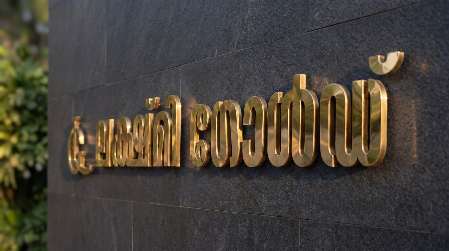 Polished brass Malayalam signage of Lakshmi Gold Works on a charcoal stone facade